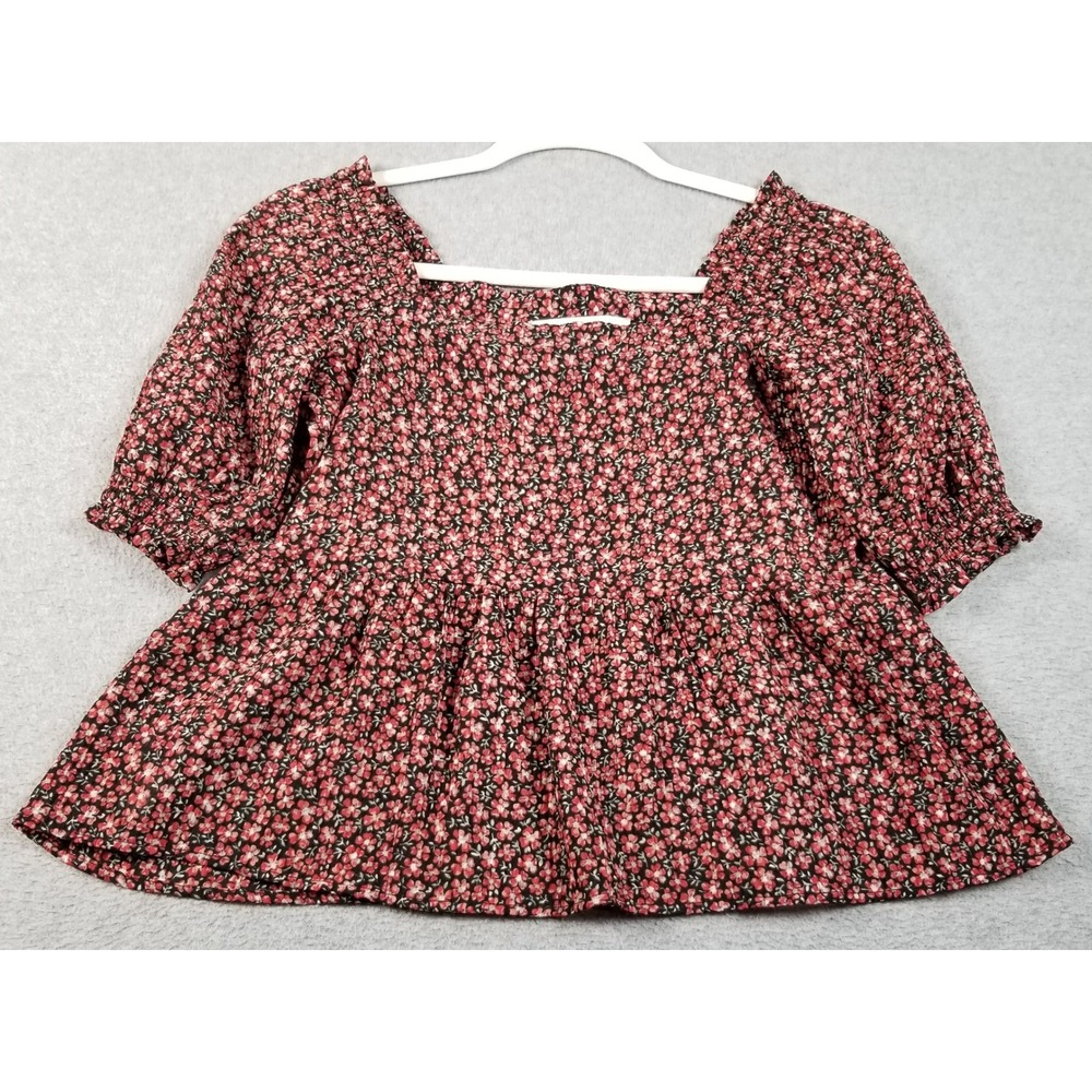 LOFT Blouse Women's XXSP Petite Floral Peplum Smocked Puff Sleeve Babydoll Flowy